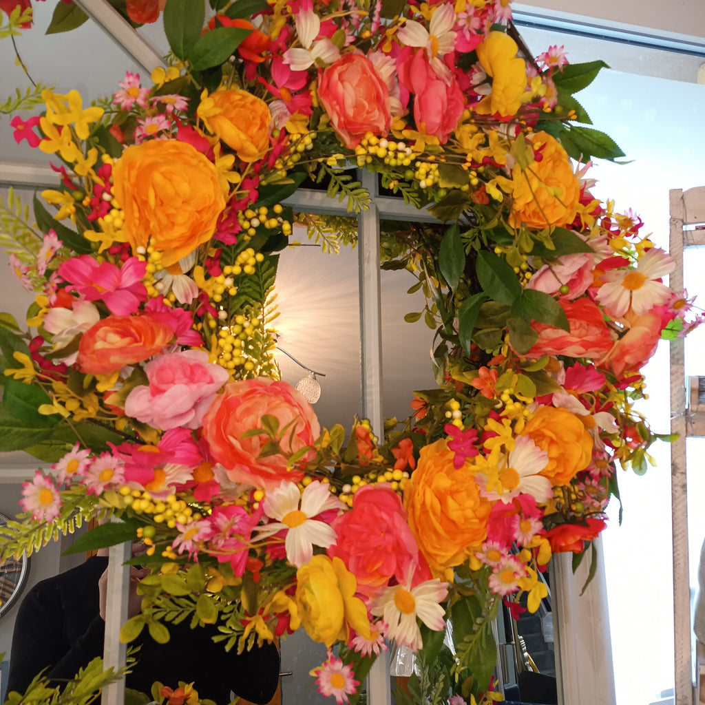 65cm Pink and Yellow Flower Wreath Berries