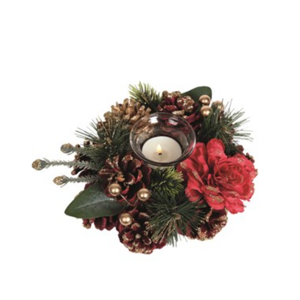 Red Floral And Pine Cone Tealight Holder 18cm