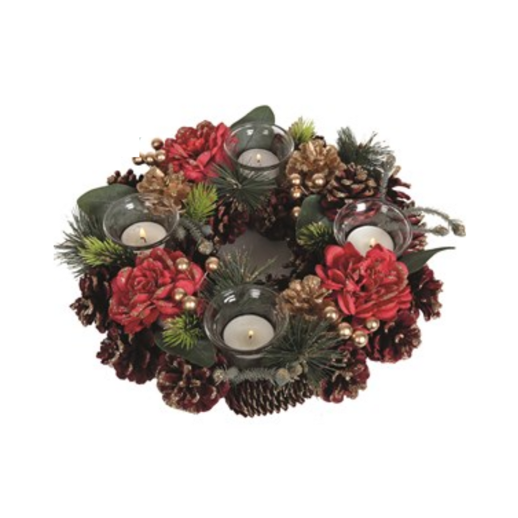 Red Floral and Pine Cone 4 Tealight Holder Table Wreath 30cm
