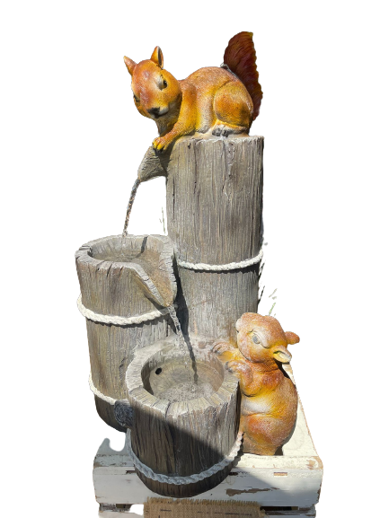 Squirrels Wooden Barrels Fountain Warm White 99cm