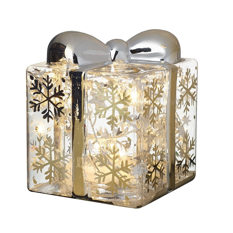 LIGHT UP GLASS PRESENT WITH SNOWFLAKES (11x11x13cm)