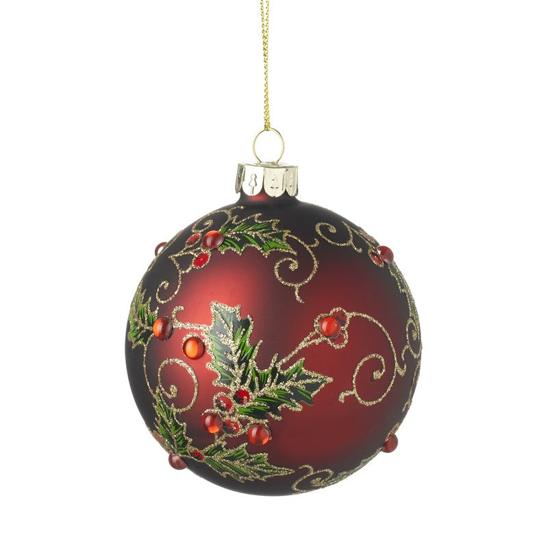 RED GLASS BAUBLE WITH HOLLY (8x8x8cm)