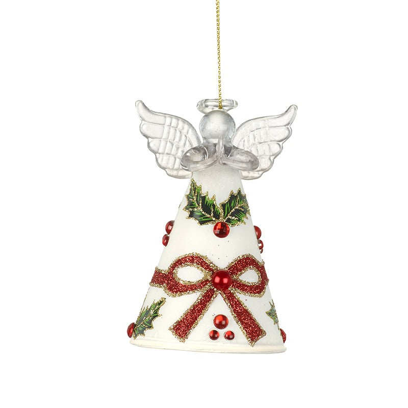 WHITE GLASS ANGEL WITH HOLLY DESIGN (6x6x10cm)