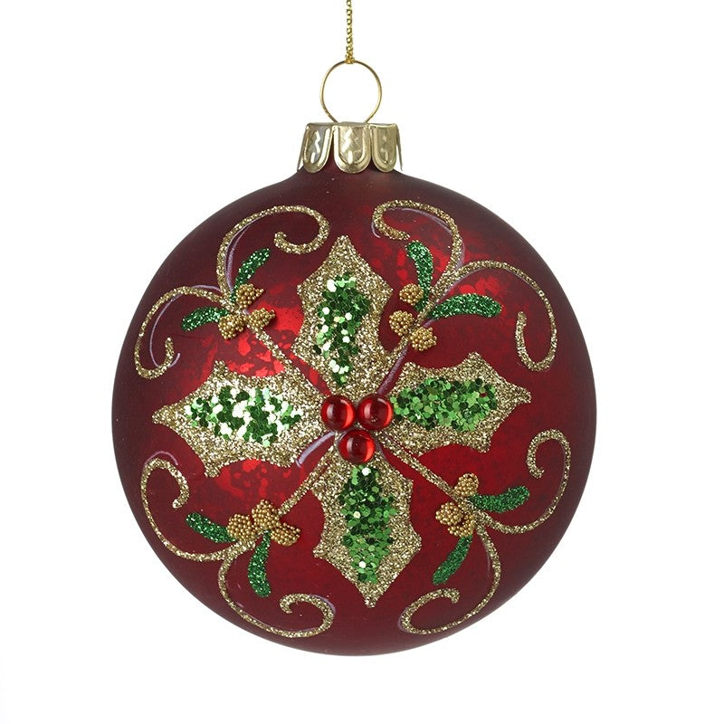 Red Gem And Holly Design Glass Bauble (8x8x8cm)