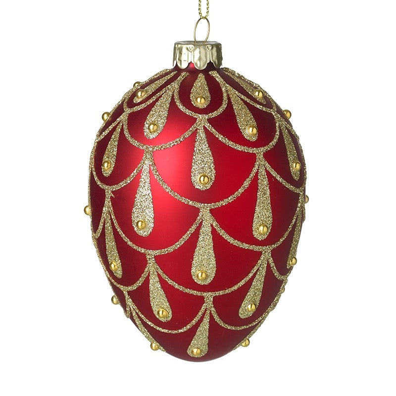 Red & Gold Drop Design Glass Egg (8x12.5cm)