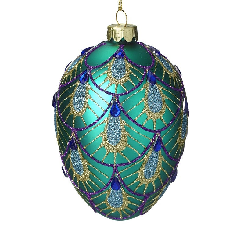 Blue Peacock Design Glass Egg (8x12.5cm)