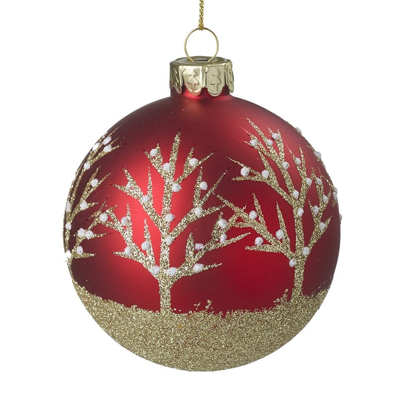 Red Glass Bauble With Gold Trees (8x8x8cm)