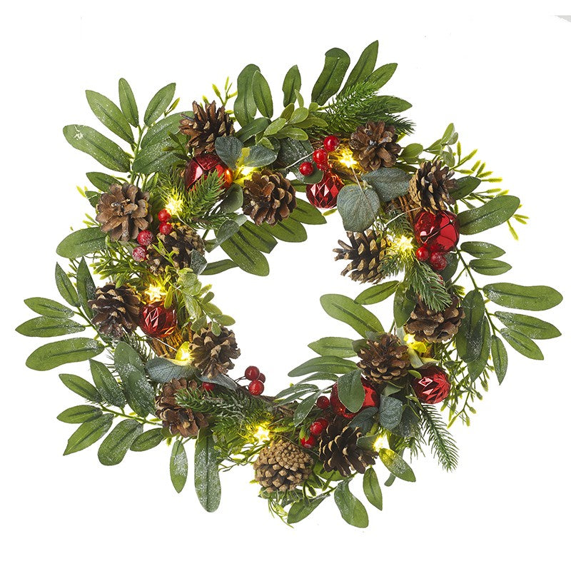 Light Up Red Berry & Cones Green Wreath (33x8cm)