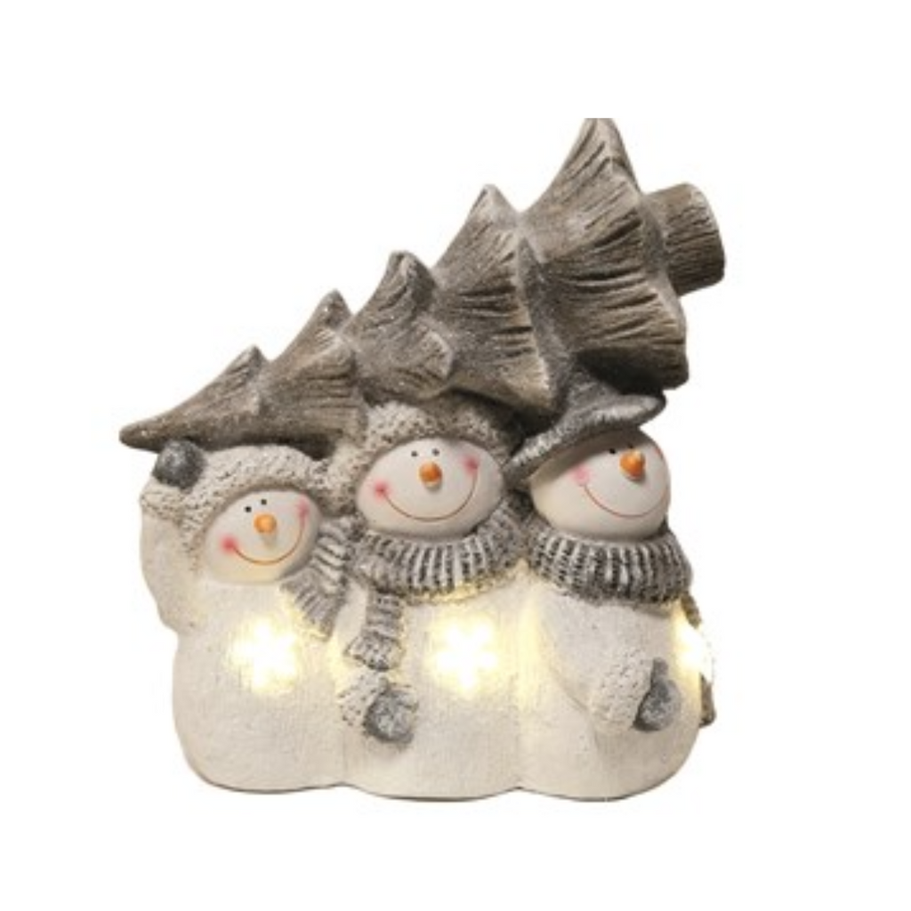 LED Light Up Three Snowmen And Tree Glitter Finish 48cm