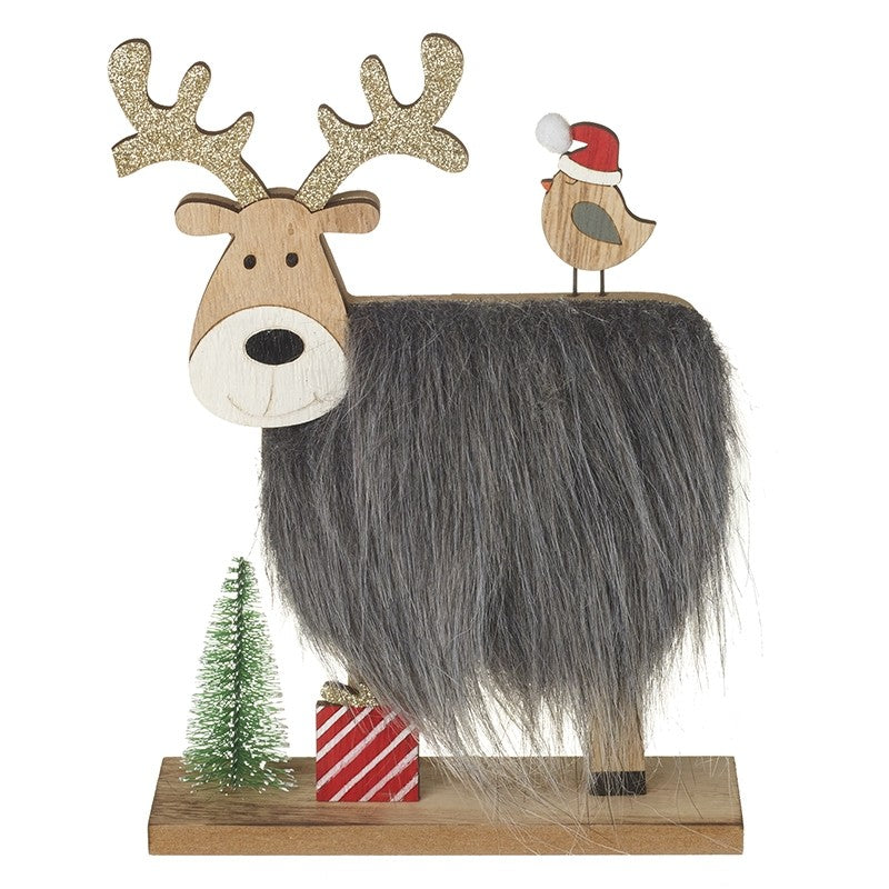 Wooden Reindeer With Fur Body And Robin  (17x5x22cm)