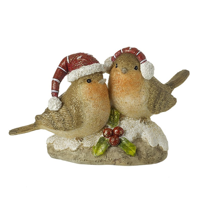 Bird Couple On Stone W/Holly (16x7x9cm)