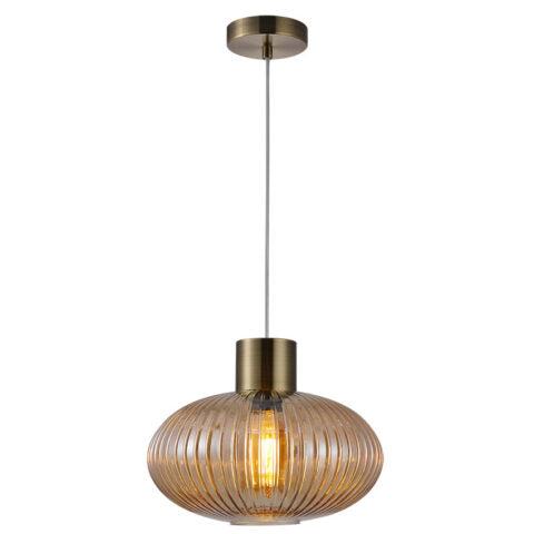 SKYTECH RIBBED GLASS PENDANT 1L PENDANT FITTING ANTIQUE BRASS C/W AMBER GLASS
