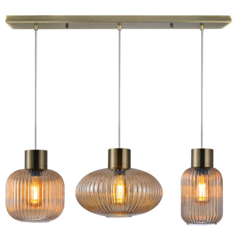 SKYTECH RIBBED GLASS PENDANT 3L PENDANT FITTING ANTIQUE BRASS C/W AMBER GLASS