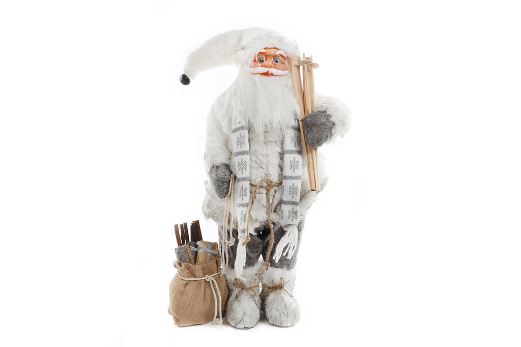 60CM SANTA GREY/WHITE W/SKIS & SACK