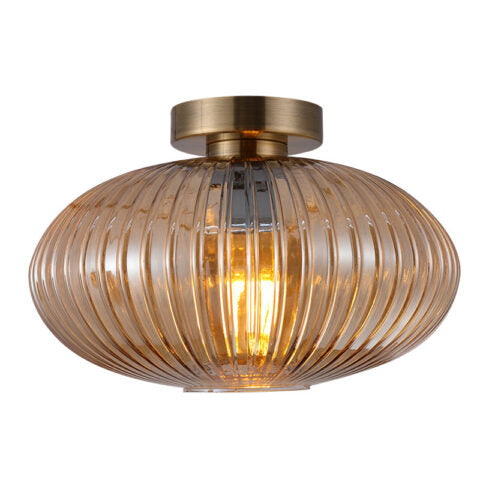 SKYTECH RIBBED GLASS PENDANT 1L SURFACE FITTING ANTIQUE BRASS C/W AMBER GLASS