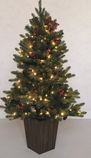 Pre-Lit 140 LED Christmas Tree with Pinecones and Berries in a Wood Effect Pot (120cm)