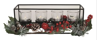 Black Metal Frame 4 Tealight Holder with Red Berry Foliage 35cm
