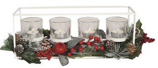 White Metal Frame 4 Tealight Holder with Red Berry Foliage 35cm