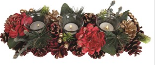Red Floral And Pine Cone 3 Tealight Holder Centrepiece 36cm