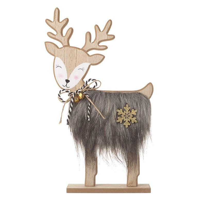 Brown Fur Standing Wooden Reindeer (18x5x30.5cm)