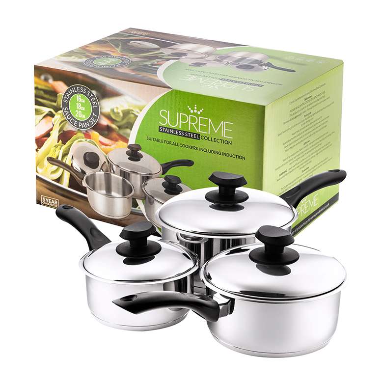 Supreme 3 Piece Stainless Steel Sauce Pan Set