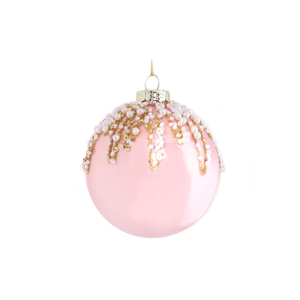 8CM GLASS PINK OPAQUE BAUBLE WITH SILVER GLITTER