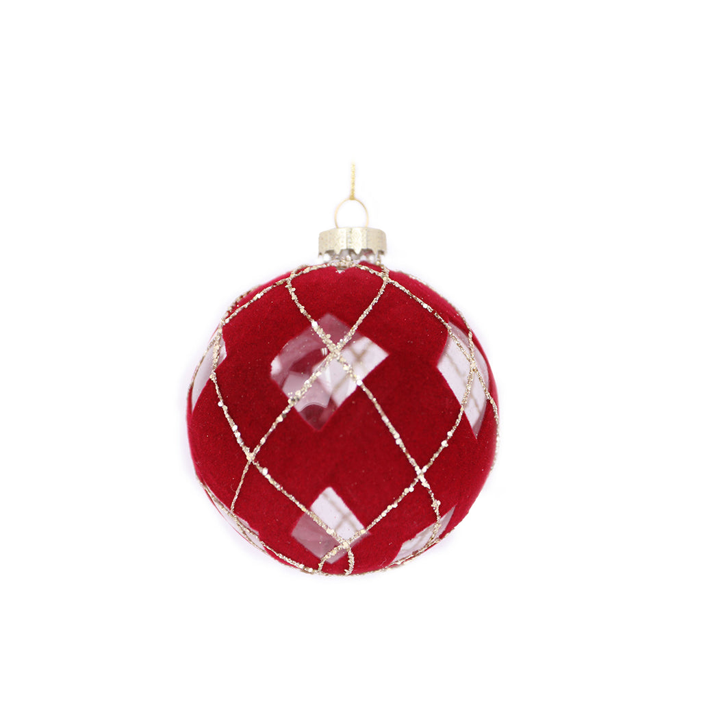 8CM GLASS SOFT TOUCH RED WINDOWED BAUBLE WITH GOLD LINES