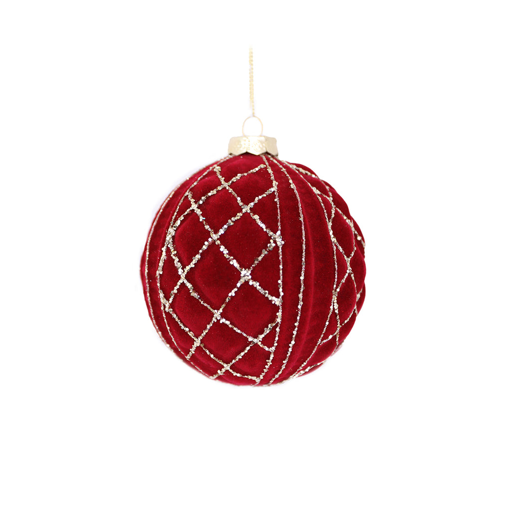 10CM GLASS SOFT TOUCH RED/GOLD GLITTER LATTICE & VERTICAL LINE BAUBLE