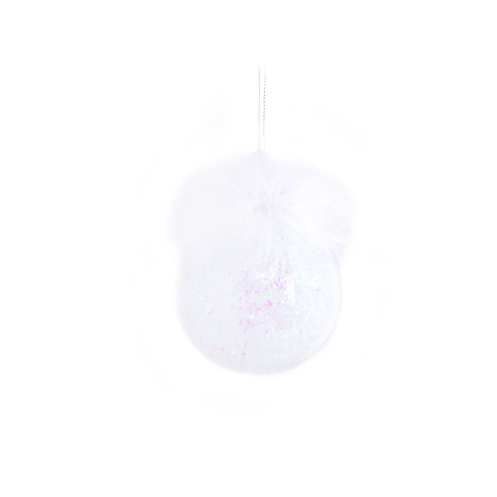8CM GLASS WHITE GLITTER FEATHER BAUBLE