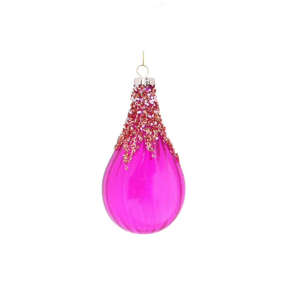 14CM GLASS PURPLE WITH RED & WHITE GLITTER DROP BAUBLE