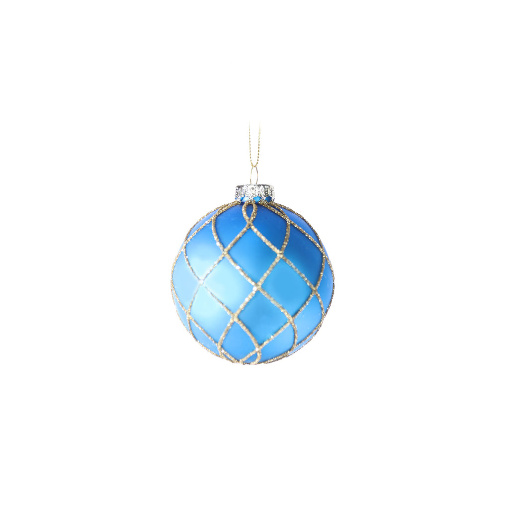 8CM GLASS BLUE QUILT EFFECT GOLD  TRIM BAUBLE