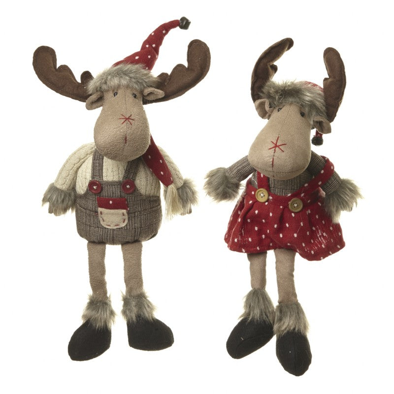 Fabric Long Leg Sitting Boy & Girl Moose (38x10x8cm)