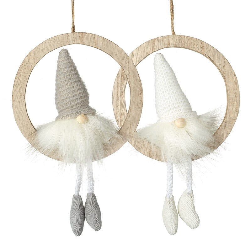 Fluffy Gonks In Wooden Hanging Hoops Mix (34x15x5cm)