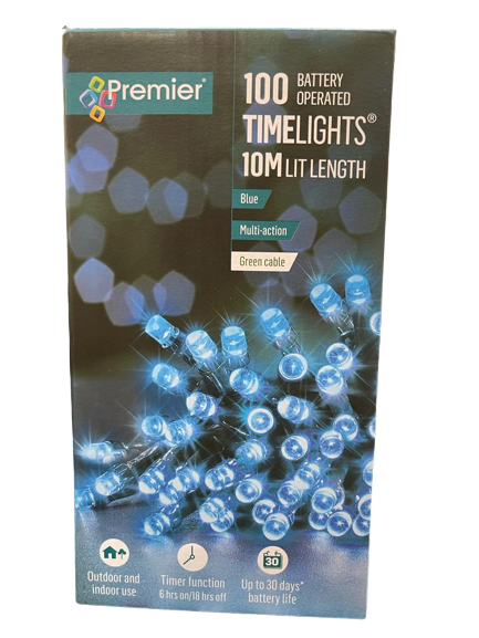 10M Lit Length   - 100 Battery Operated Time Lights (Blue)