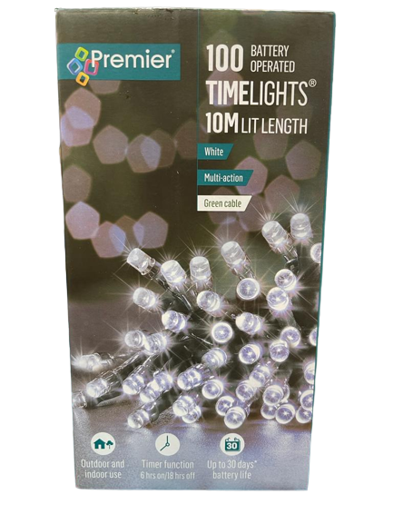 10M Lit Length   - 100 Batery Operated Time Lights (White)