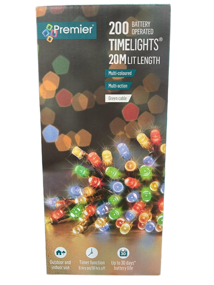 20m Lit Length - 200 Battery Operated Time Lights (Multi-Coloured)