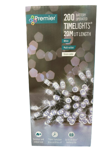 20m Lit Length - 200 Battery Operated Time Lights (White)