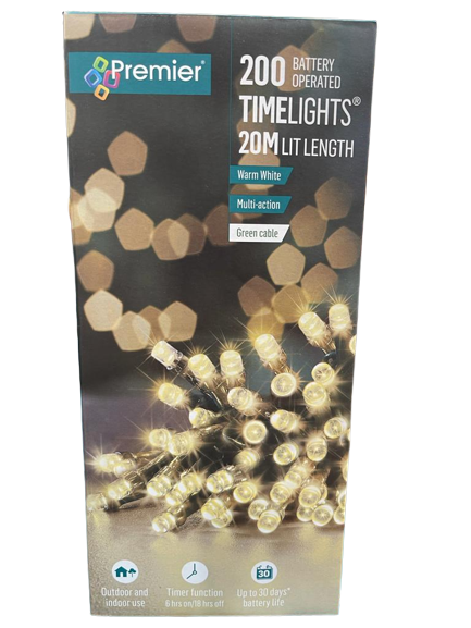 20m Lit Length - 200 Battery Operated Time Lights (Warm White)