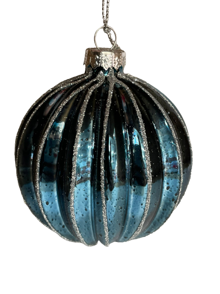 8cm Blue & Silver Ribbed Glass