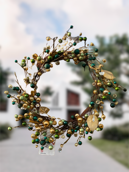 53cm Wreath With Gold And Green Baubles