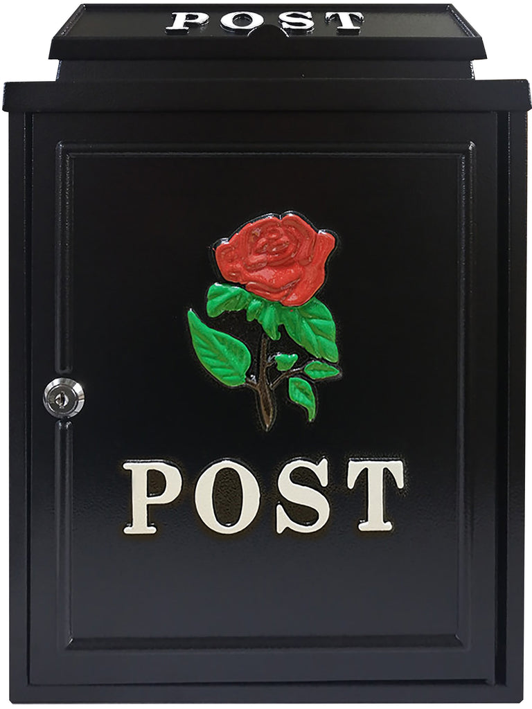 Manor Black with Red Rose Cast Aluminium Postbox